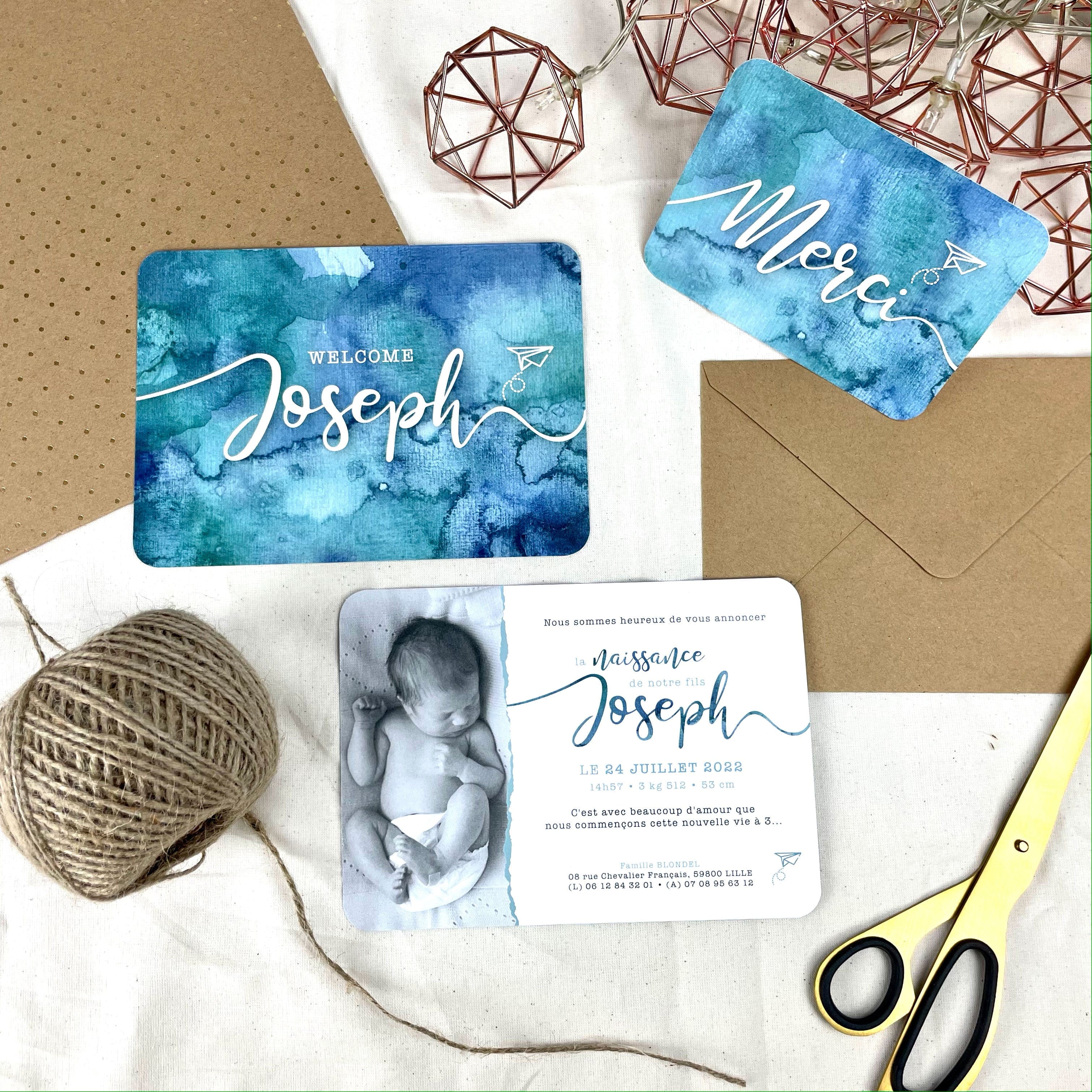 Faire-Part de naissance garçon Aquarelle & lui - Bleu