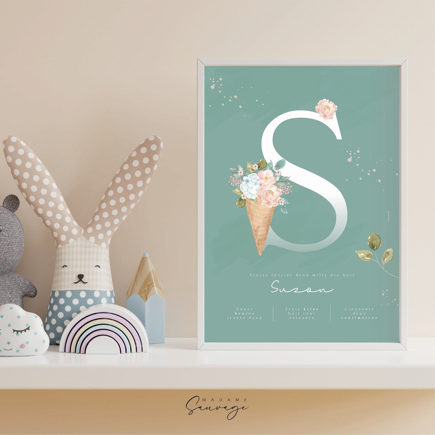 Affiche naissance fille Fairy-tales cornet de fleurs