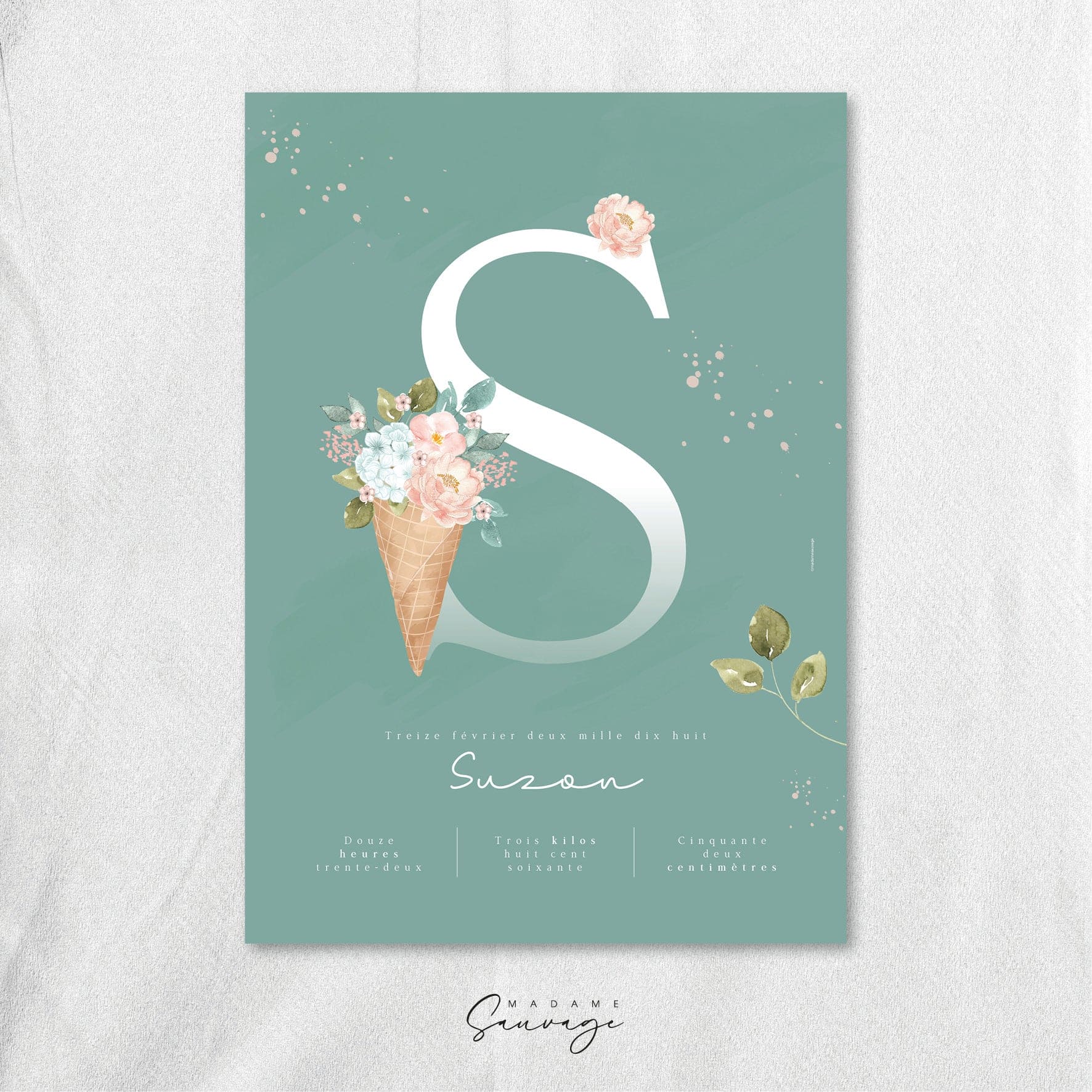 Affiche naissance fille Fairy-tales cornet de fleurs