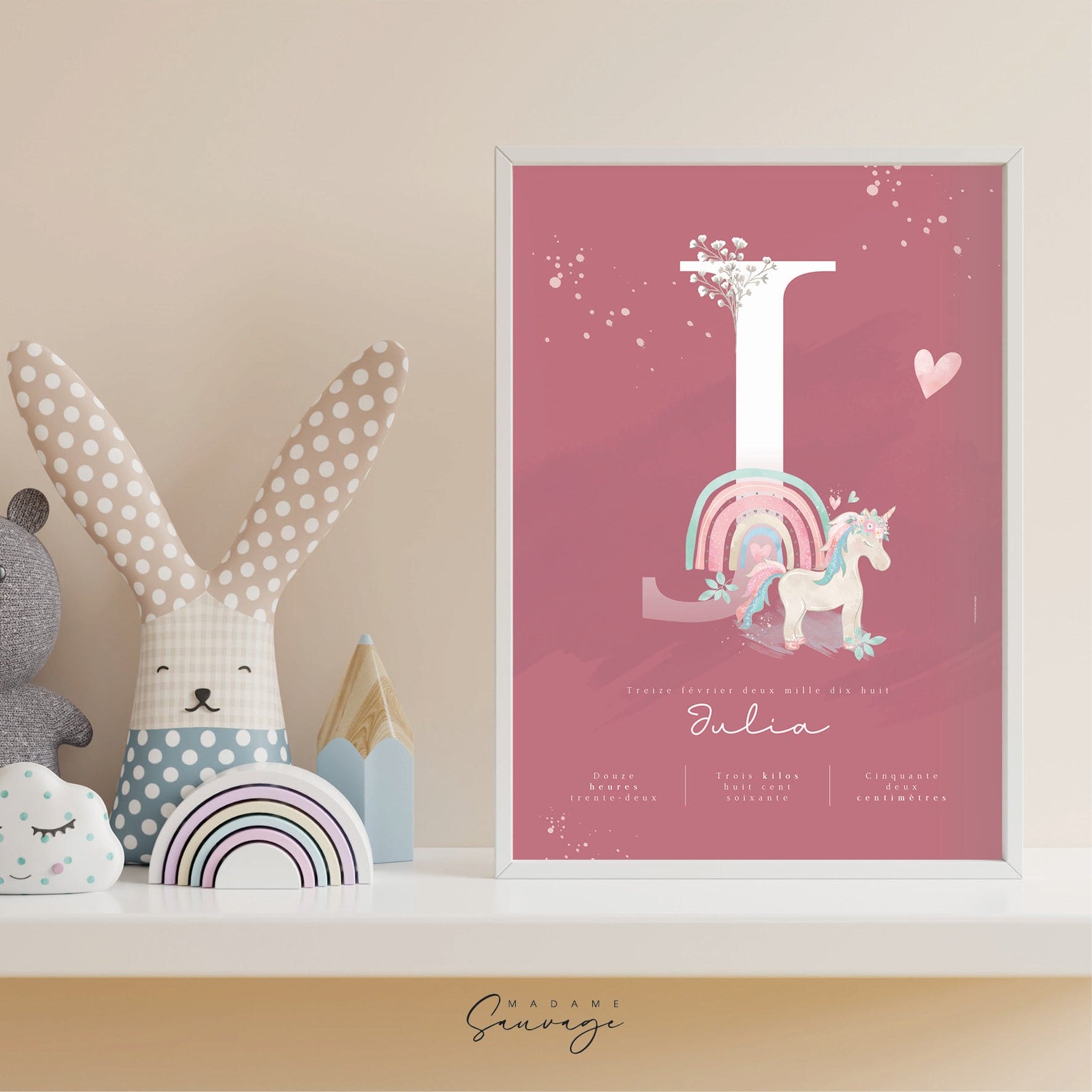 Affiche naissance fille Fairy-tales Licorne rose