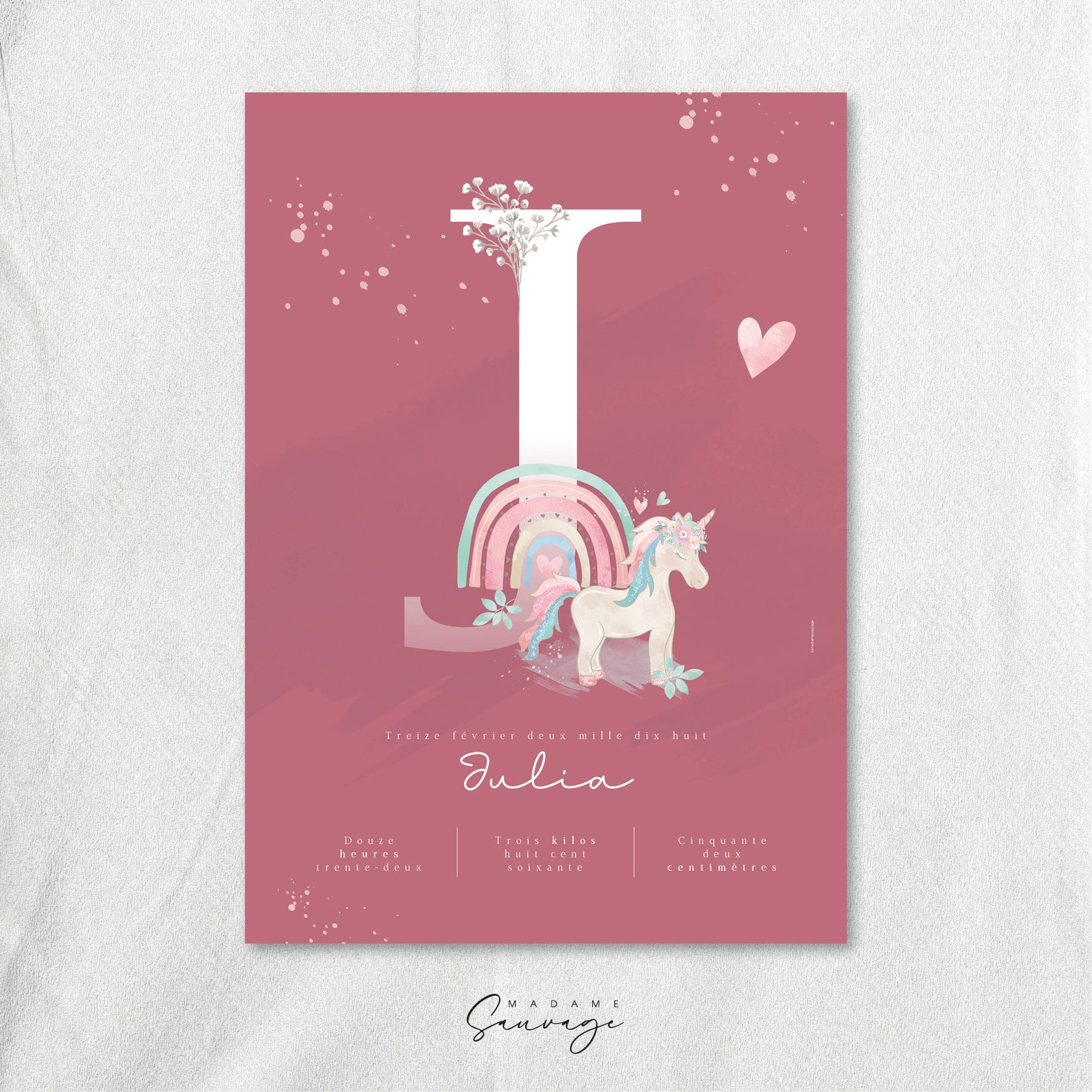 Affiche naissance fille Fairy-tales Licorne rose
