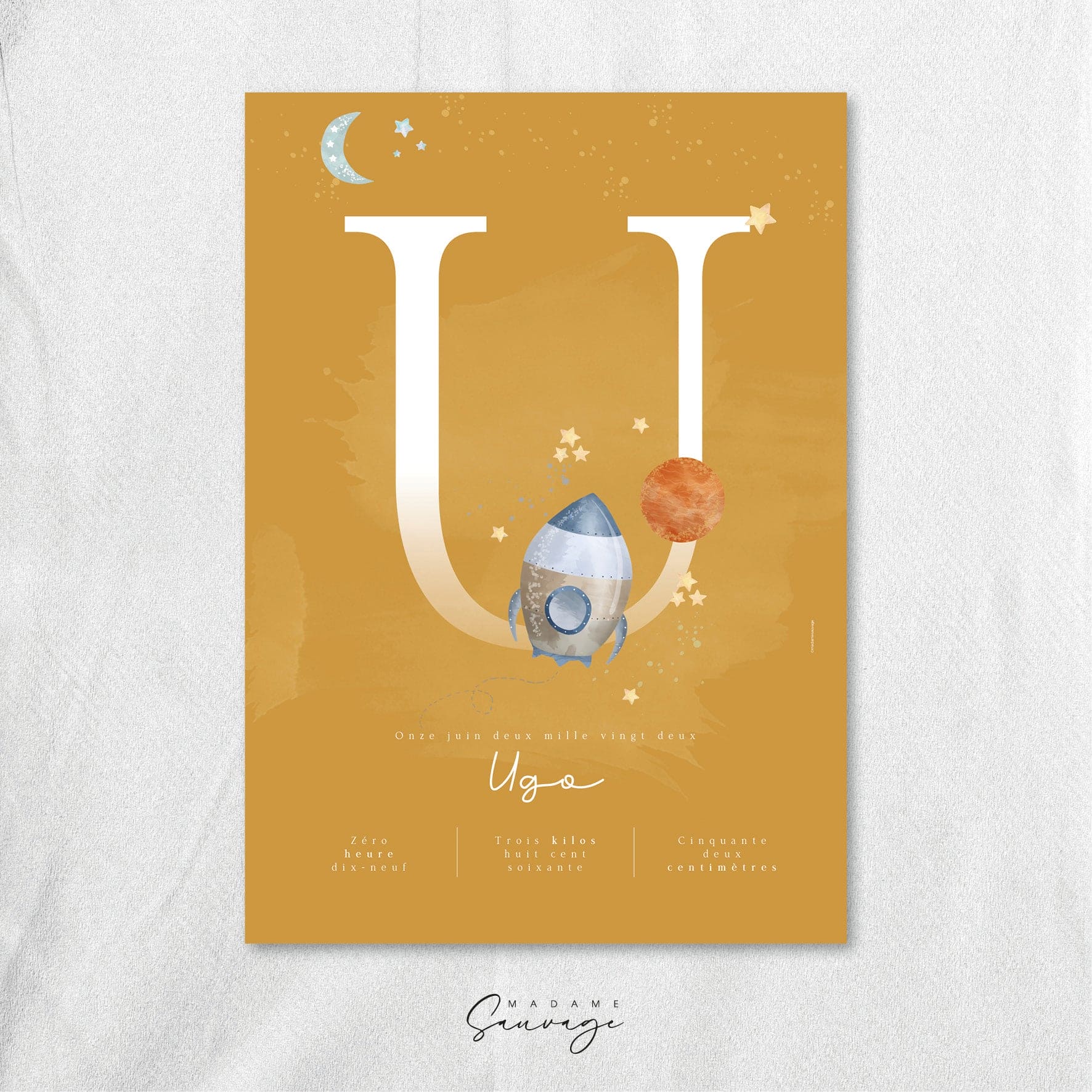 Affiche naissance Garçon Fairy-tales astronaute moutarde