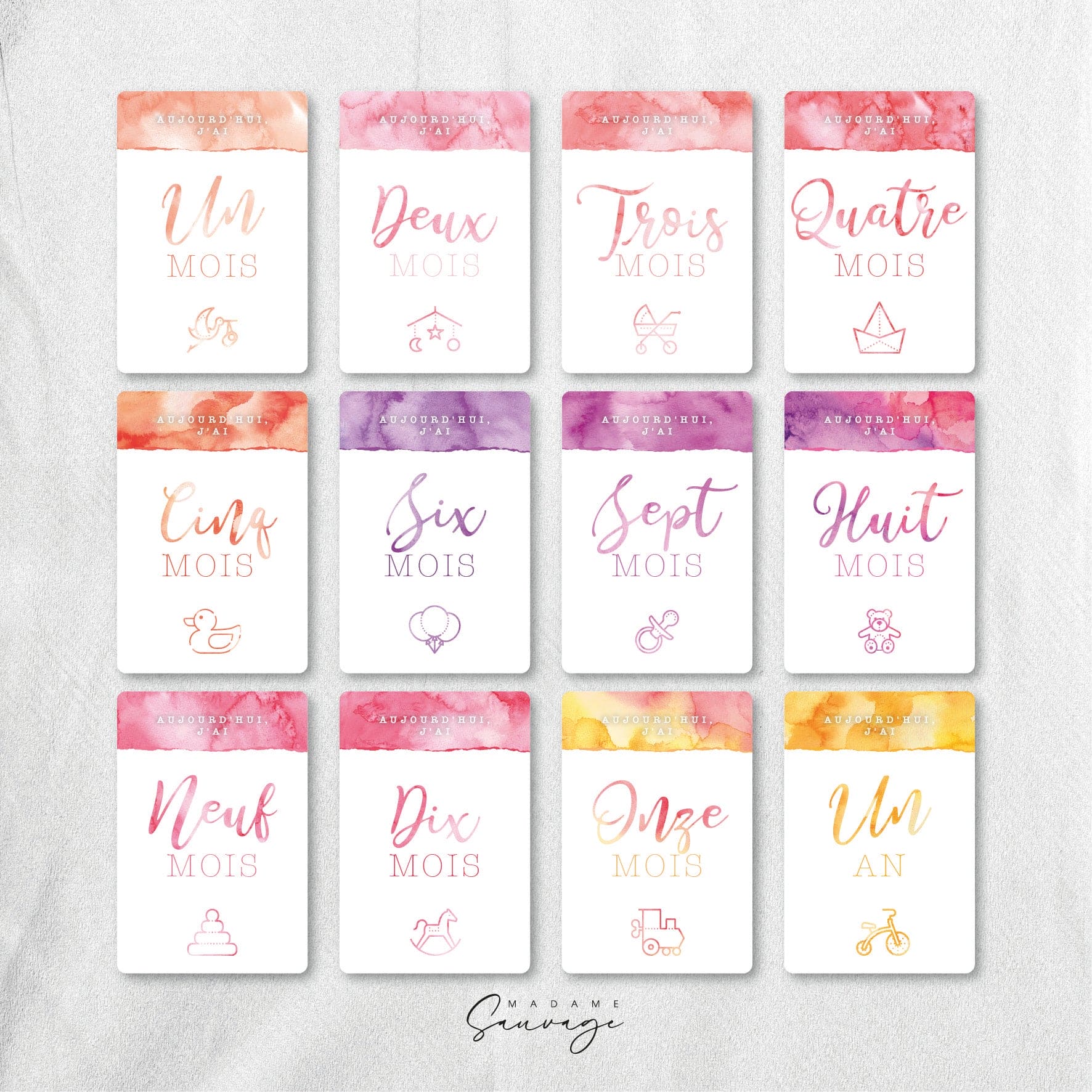 Cartes étapes bébé - Aquarelle et lui - Modèle fille