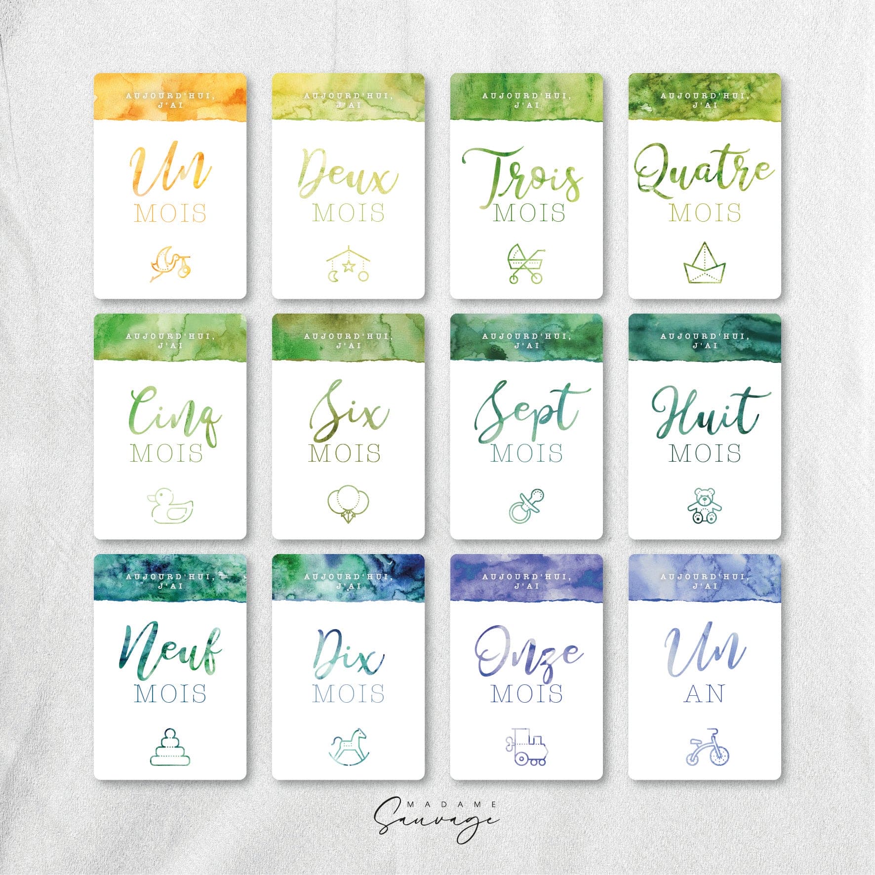 Cartes étapes bébé - Aquarelle et lui - Modèle garçon