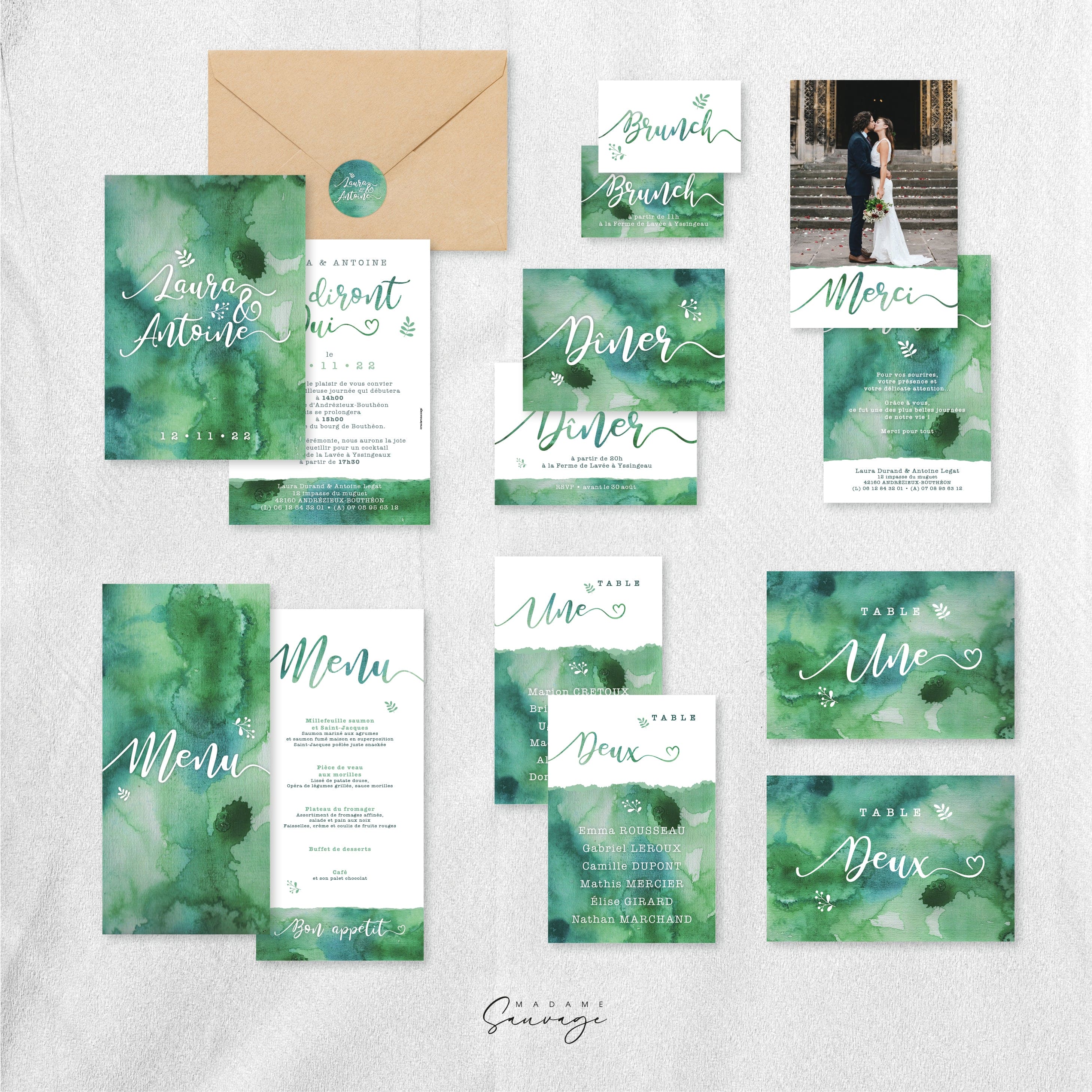 Nom de table mariage Aquarelle et lui - Green