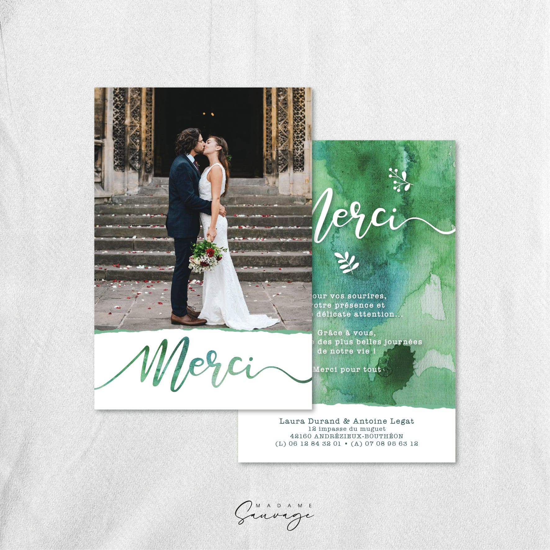 Remerciements de mariage Aquarelle et lui - Green