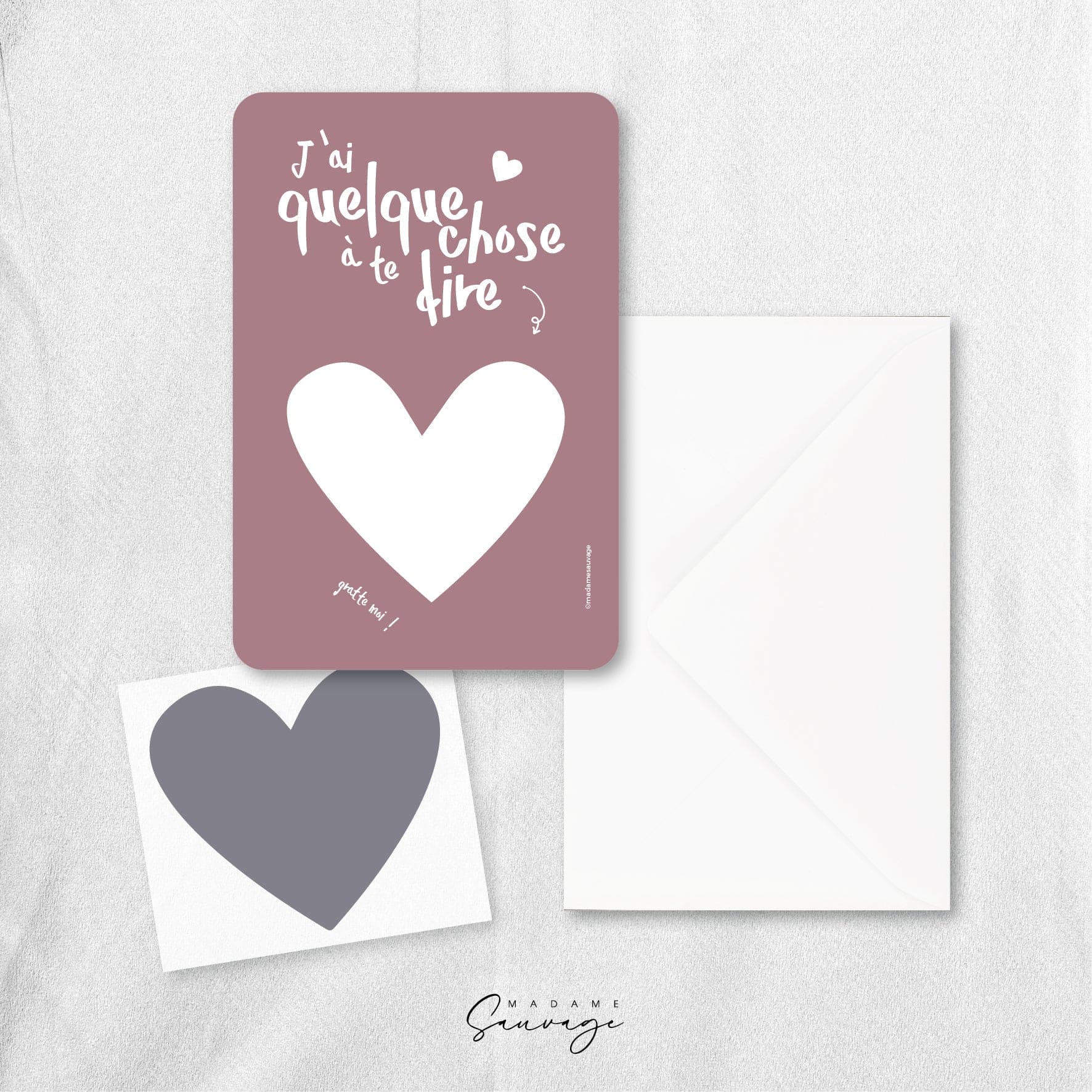 Carte à gratter PERSONNALISABLE - Carte rose coeur argenté