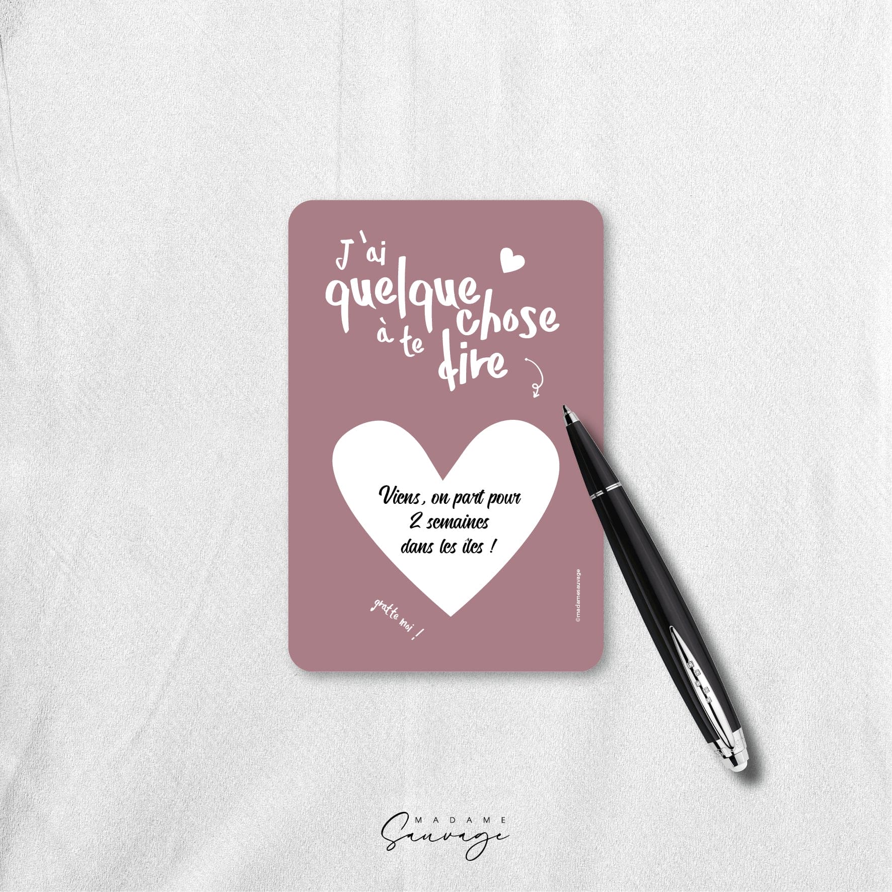 Carte à gratter PERSONNALISABLE - Carte rose coeur argenté