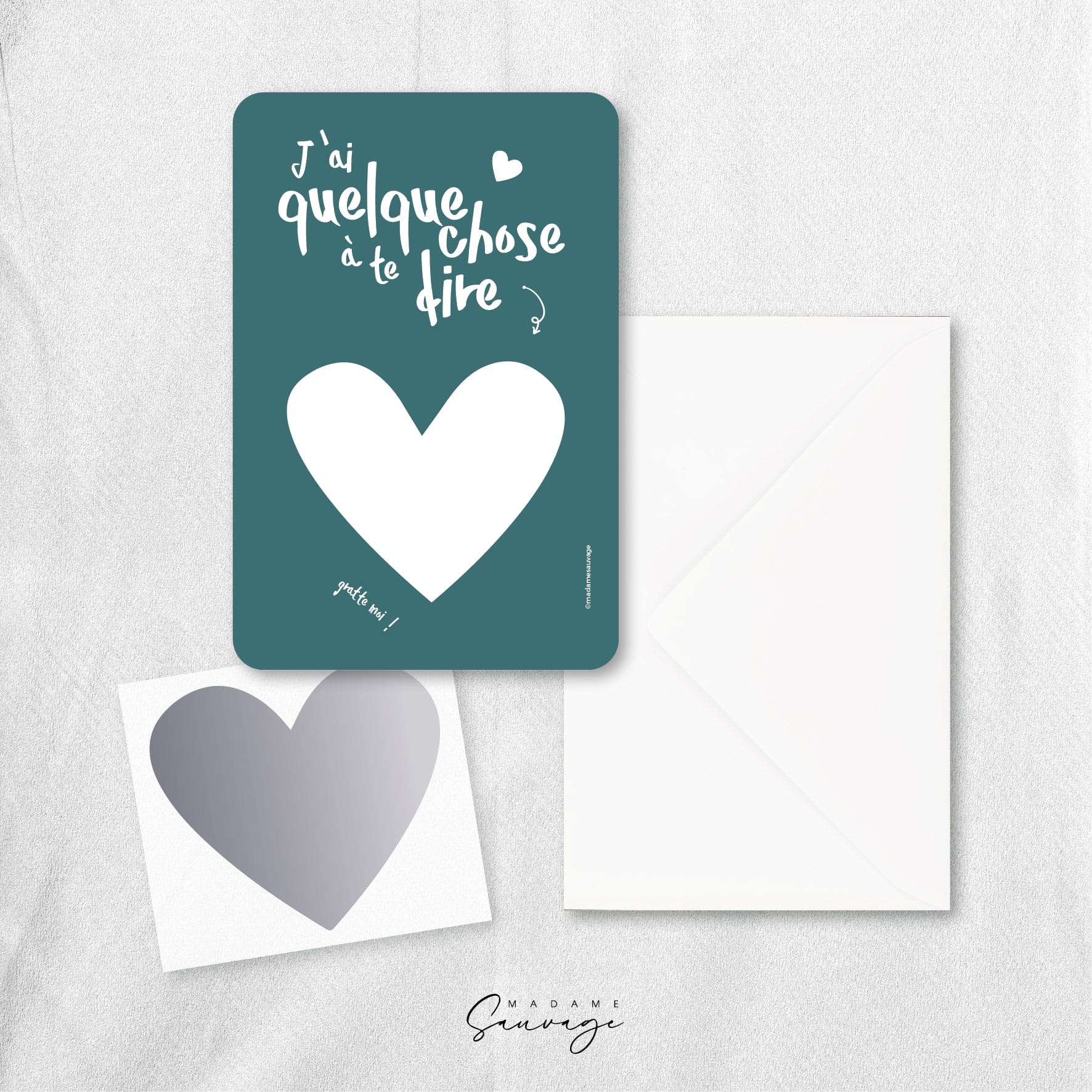 Carte à gratter PERSONNALISABLE - Carte verte coeur gris