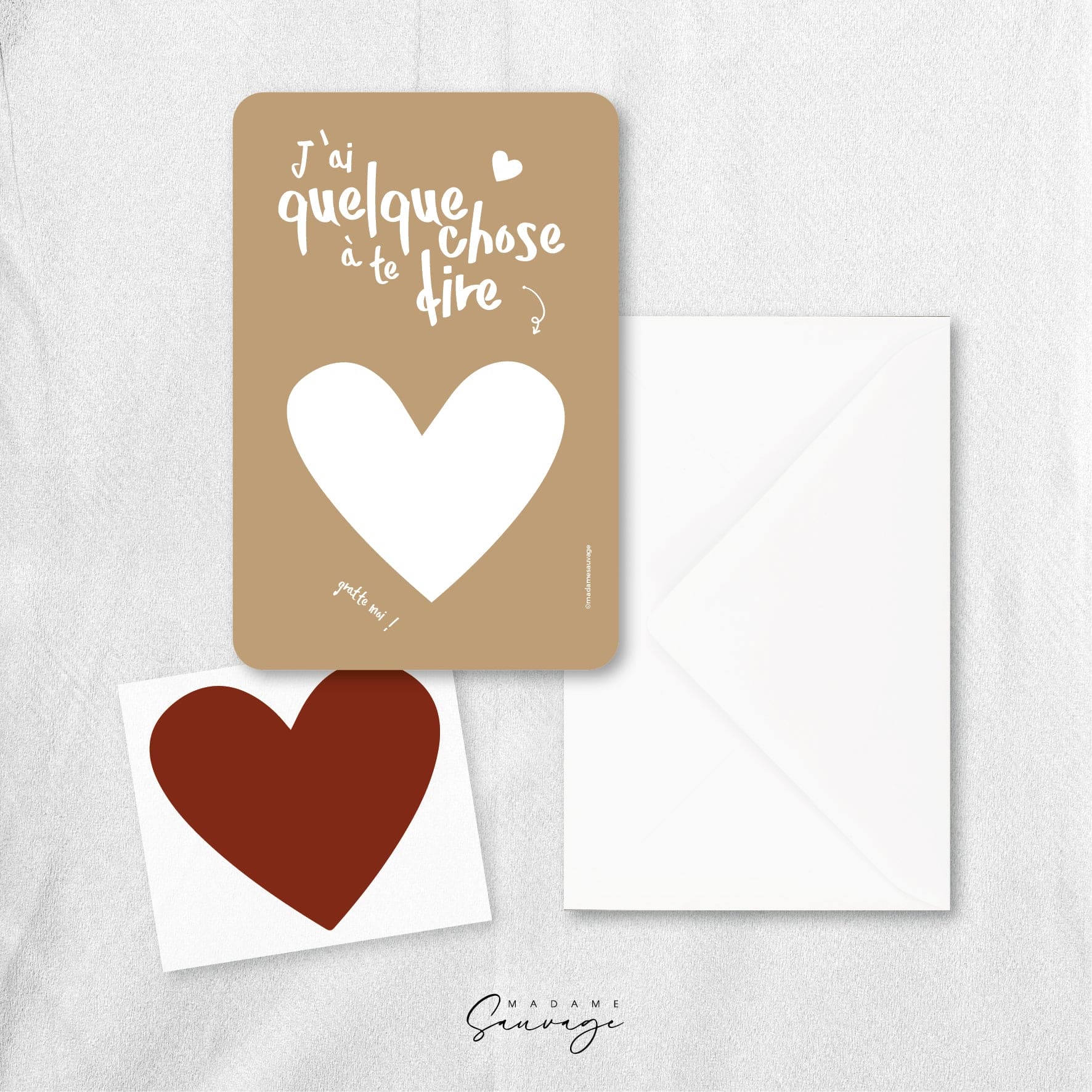 Carte à gratter PERSONNALISABLE - Carte beige coeur rouge