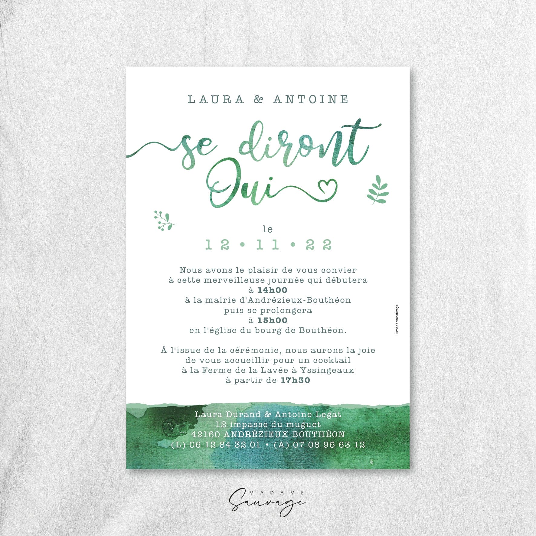 Faire-Part de mariage Aquarelle et lui - Green