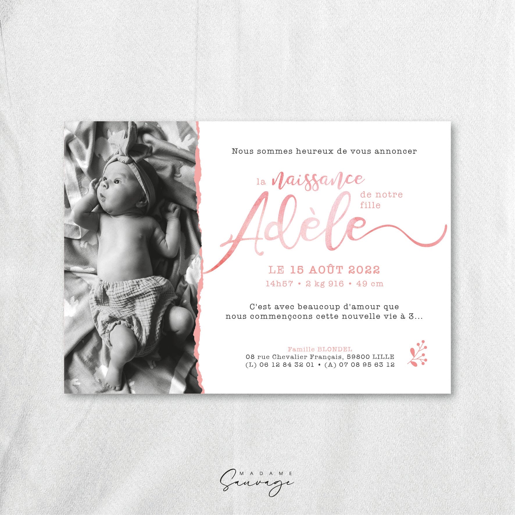 Faire-Part de naissance fille Aquarelle & lui - Rose