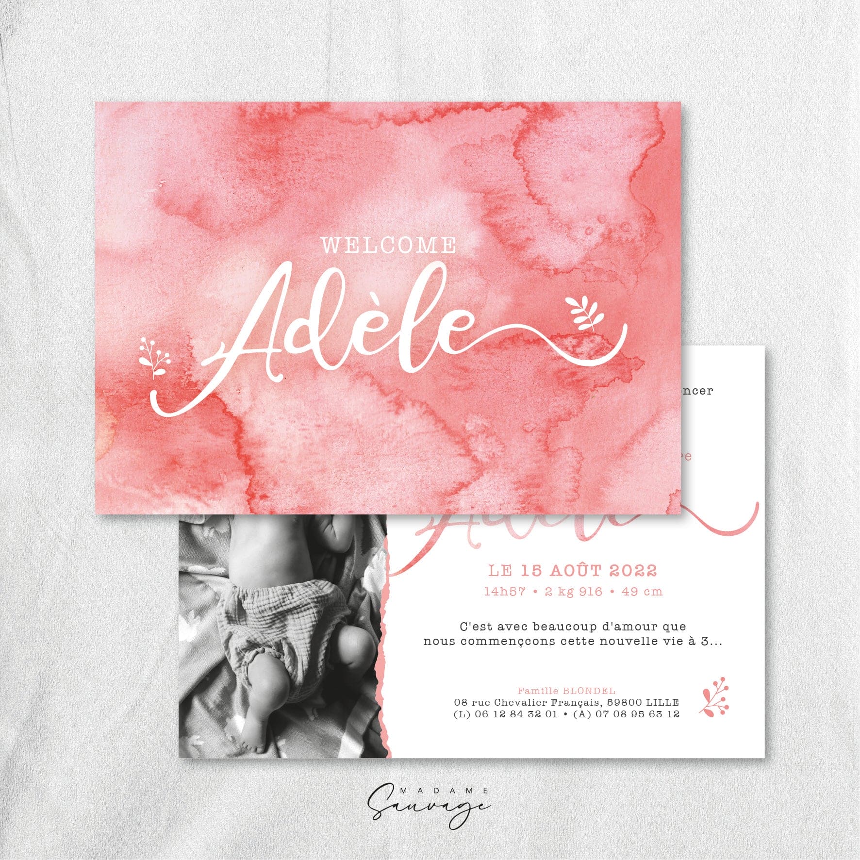 Faire-Part de naissance fille Aquarelle & lui - Rose