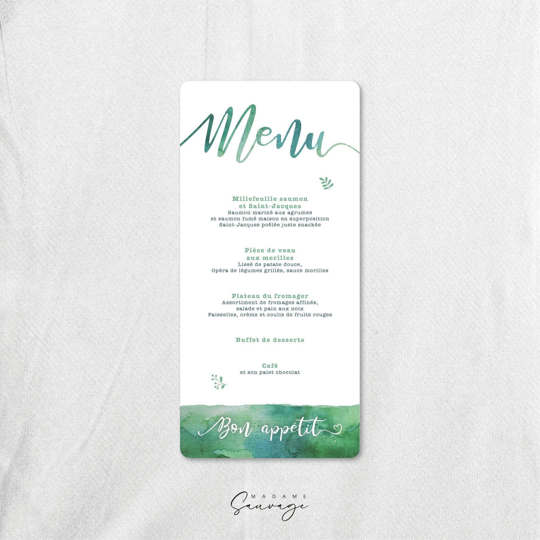 Menu de mariage Aquarelle et lui - Green