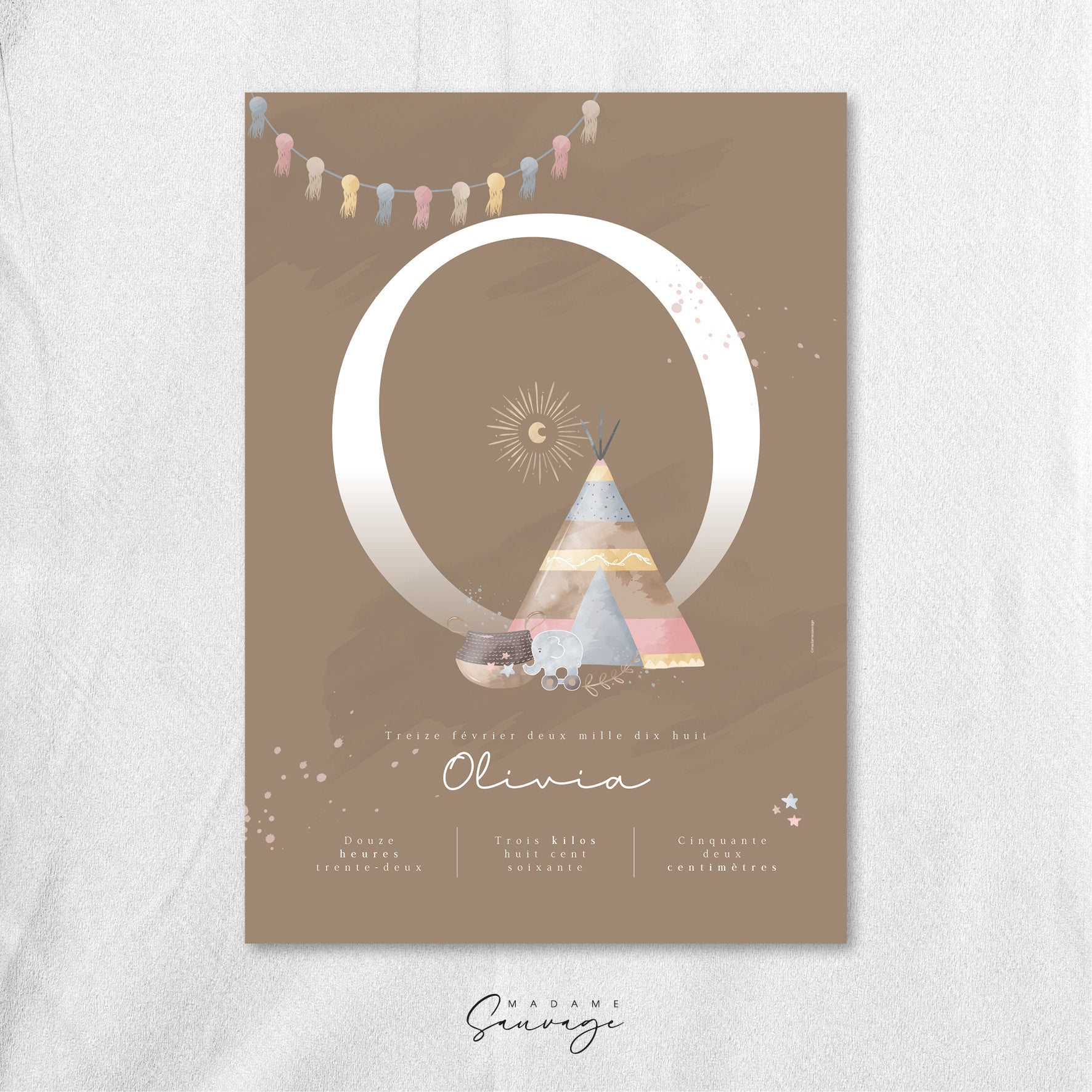 Affiche naissance fille Fairy-tales Boho tipi