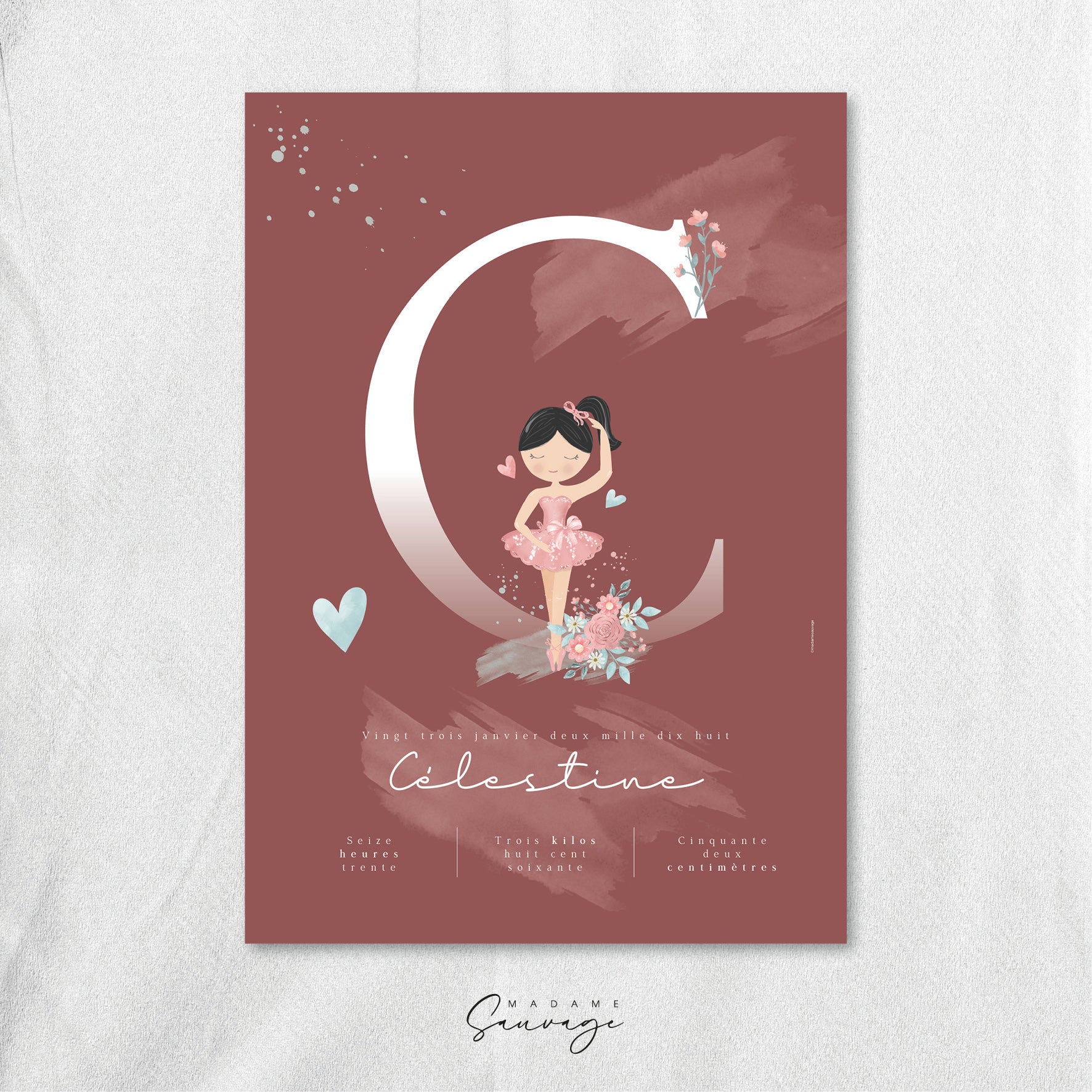 Affiche naissance fille Fairy-tales ballerine brune