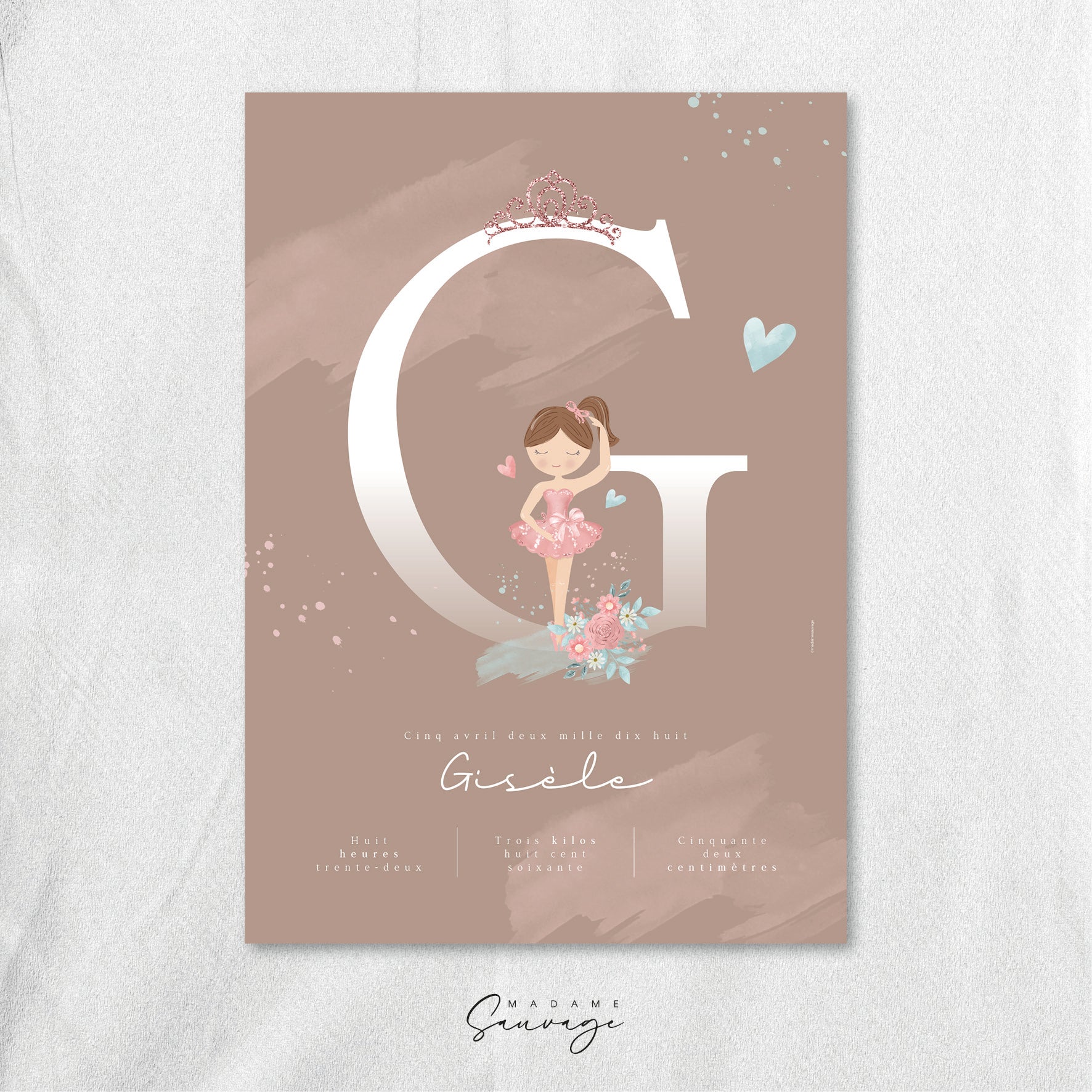 Affiche naissance fille Fairy-tales ballerine chatain