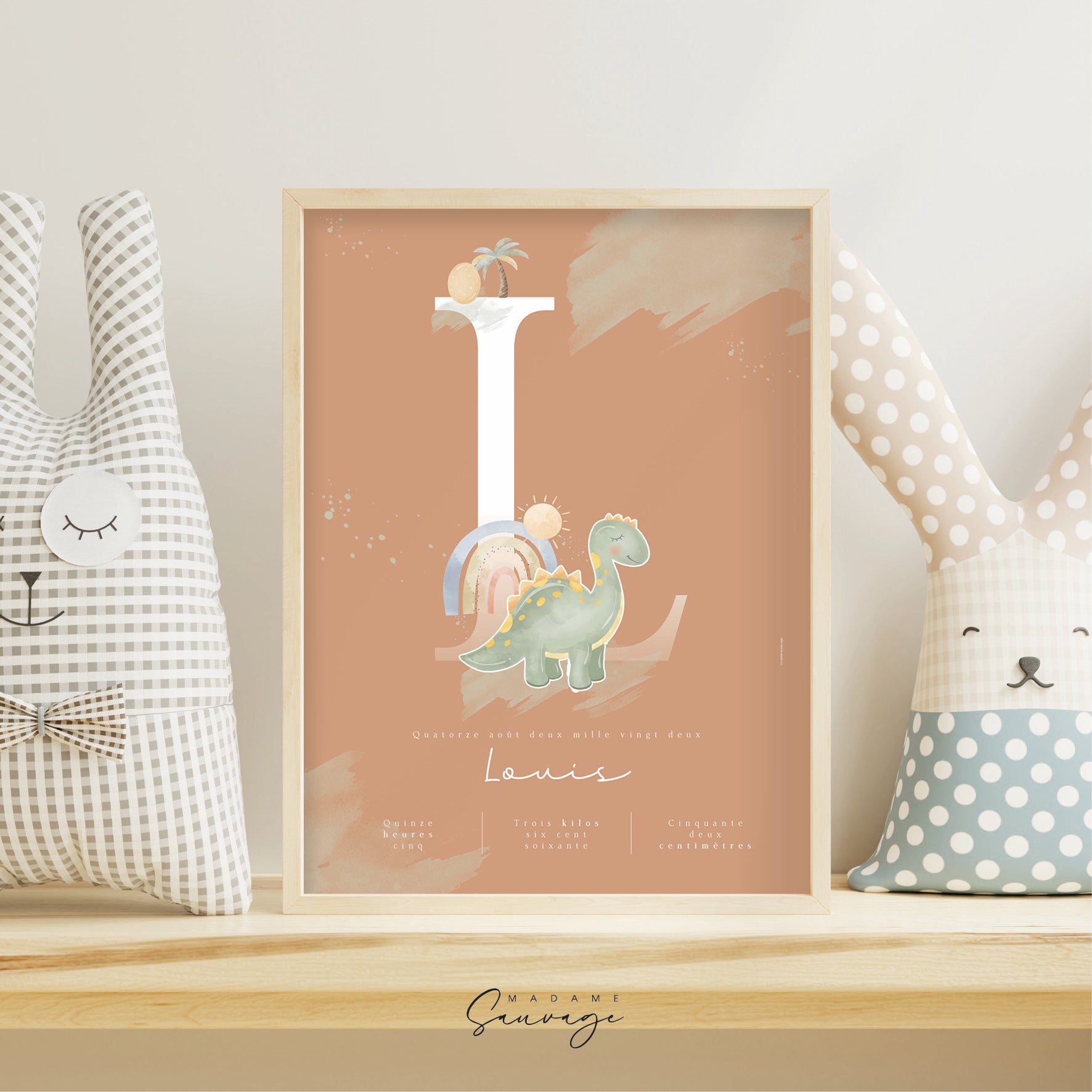 Affiche naissance Garçon Fairy-tales dinosaure marron