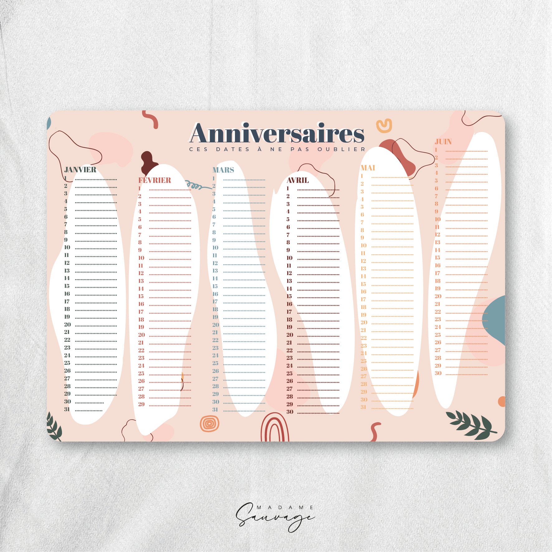 Calendrier perpétuel des anniversaires - Pop it