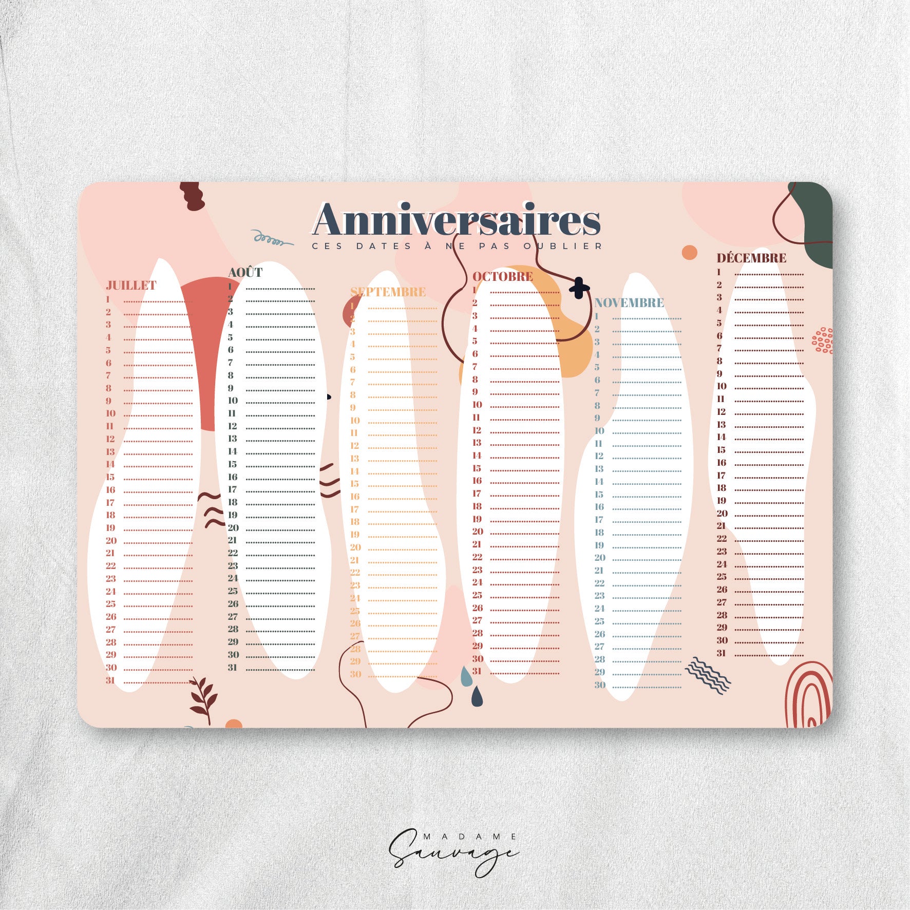 Calendrier perpétuel des anniversaires - Pop it