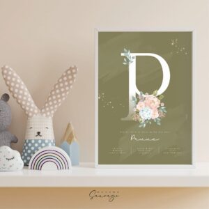 affiche naissance fille fairy tales fleurs kaki