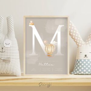 affiche naissance garcon fairy tales montgolfiere beige